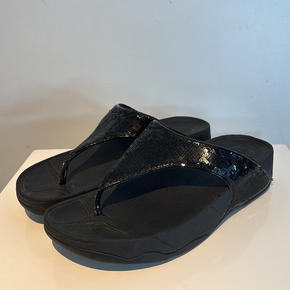 Fitflop Women’s Electra Black Sequin Slide On Sandals Sz 8 Flip Flops Wedge